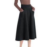 Minetom Strickrock Damen Herbst Winter Stricken Lange Röcke Hohe Taille Elegant Elastisch Einfarbig A-Linie Midi Rock mit Tasche A Schwarz XL