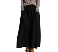 Minetom Strickrock Damen Herbst Winter Stricken Lange Röcke Hohe Taille Elegant Elastisch Einfarbig A-Linie Midi Rock mit Tasche C Schwarz XS