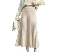 Minetom Strickrock Damen Herbst Winter Stricken Lange Röcke Hohe Taille Elegant Elastisch Einfarbig A-Linie Midi Rock Faltenrock B Beige XS