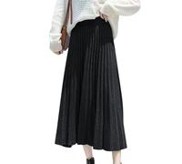Minetom Strickrock Damen Herbst Winter Stricken Lange Röcke Hohe Taille Elegant Elastisch Einfarbig A-Linie Midi Rock Faltenrock B Schwarz XS