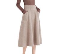 Minetom Strickrock Damen Herbst Winter Stricken Lange Röcke Hohe Taille Elegant Elastisch Einfarbig A-Linie Midi Rock mit Tasche A Khaki S