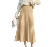 Minetom Strickrock Damen Herbst Winter Stricken Lange Röcke Hohe Taille Elegant Elastisch Einfarbig A-Linie Midi Rock Faltenrock B Khaki M