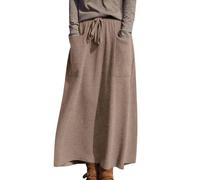 Minetom Strickrock Damen Herbst Winter Stricken Lange Röcke Hohe Taille Elegant Elastisch Einfarbig A-Linie Midi Rock mit Tasche C Khaki M