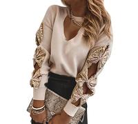 Minetom Sweatshirt Damen Schulterfrei Oberteile Sexy Glitzer Langarmshirt Pailletten Hohl Langarm Shirt Bluse Tops Tunika Einfarbig Pullover Herbst Winter Streetwear D Aprikose L