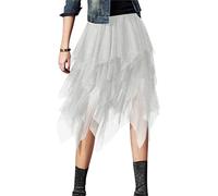 Minetom Tüllrock Damen Mädchen Elegant Weich Faltenrock Asymmetrisch Vintage Tütü Rüschen Tüll Rock Party Skater Röcke Midirock B Weiß L