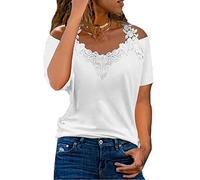 Minetom Tunika Damen T-Shirt Sommer Kurzarm Schulterfrei Oberteil Elegant Vintage Bluse Tops Sexy Spitze Shirts V-Ausschnitt Sportshirt Teenager Mädchen Streetwear A Weiß XXL