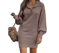 Minetom Winterkleid Damen V-Ausschnitt Langarm Festlich Kleid Winter Warm Strickkleid Pulloverkleid Kurz Minikleid Wickelkleid Strickkleider Geripptes Kleid A Khaki 3XL