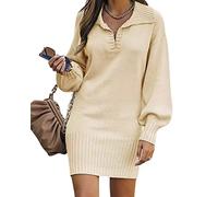 Minetom Winterkleid Damen V-Ausschnitt Langarm Festlich Kleid Winter Warm Strickkleid Pulloverkleid Kurz Minikleid Wickelkleid Strickkleider Geripptes Kleid A Aprikose S