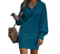 Minetom Winterkleid Damen V-Ausschnitt Langarm Festlich Kleid Winter Warm Strickkleid Pulloverkleid Kurz Minikleid Wickelkleid Strickkleider Geripptes Kleid A Blau S