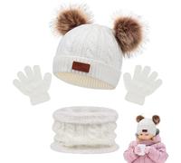 Mineup 3 In 1 Kinder Wintermütze Schal Handschuhe Set, Mütze und Schal Kinder Set, Warm Winte Strickmütze Kinder Mütze, Beanie Mütze Winter, Warme Weiche für Mädchen 1-5 Jahre (Weiß)