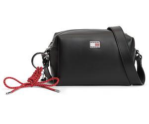 Mini Bag TOMMY JEANS "TJW CITY CHARM CAMERA BAG", Damen, Gr. B/H/T: 19cm x 11,5cm x 11cm, schwarz, Lederimitat, Taschen, Damen Umhängetasche, Mini-Bag, Cross-Body Bag mit Kordelanhänger (57158033-0) s