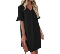 Mini Kleid Damen Sommerkleid Cocktailkleid Kurzarm V Ausschnitt Rüschenärmel Elegant Locker Einfarbig Party Kleid L C Black