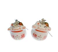 Miniblings Katze Winkekatze Glückskatze Ohrringe - Handmade Modeschmuck I Maneki-neko weiß rot Porzellan - Ohrhänger Ohrschmuck versilbert
