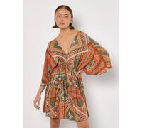Minikleid APRICOT "Kaftan-Minikleid mit Satinschal", Damen, Gr. XL (42), N-Gr, grün (khaki), gewebt, Obermaterial: 100% Polyester PES., bedruckt, V-Ausschnitt, Kleider Minikleid, mit Tassel (98937122-