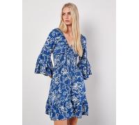 Minikleid APRICOT "Minikleid", Damen, Gr. XL (42), N-Gr, blau, gewebt, Obermaterial: 100% Viskose CV., gemustert, figurbetont, V-Ausschnitt, Trompetenärmel, Kleider Minikleid, mit Trompetenärmeln (820