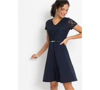 Minikleid BONPRIX, Damen, Gr. 46, N-Gr, dunkelblau (länge: regulär), Obermaterial: 95% Polyester, 5% Elasthan. Futter: 100% Polyester. Spitze: 70% Baumwolle, 30% Polyester, festlich, ausgestellt, Klei