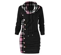 Minikleid Damen Lässiges Pulloverkleid mit karierten Nähten Langärmliges Sweatshirt Kleid mit Latzkragen Etuikleid mit Knopfdekor Figurbetontes Kleid mit Kordelzug Eng anliegendes Kleid Party Kleid