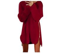 Minikleid Damen Modisches einfarbiges Plüsch Kleid Winter Sweatshirtkleid Etuikleid mit O Ausschnitt und langen Ärmeln Pulloverkleid mit seitlichem Reißverschluss und Schlitz Warmes Fleecekleid