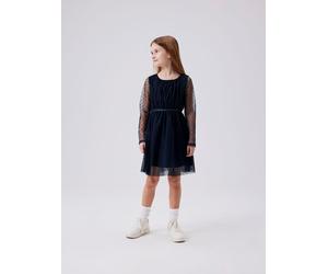 Minikleid NAME IT "NKFVABOS LS DRESS NOOS", Mädchen, Gr. 164, N-Gr, blau (schwarz sapphire), Web, Obermaterial: 100% Polyester, unifarben, tiefer Rundhals, Kleider Minikleid (73669956-164) schwarz sap