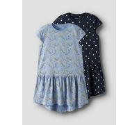 Minikleid NAME IT "NKFVIGGA 2P CAPSL DRESS", Mädchen, Gr. 128, N-Gr, serenitypack:schwarz sapphire, Jersey, Obermaterial: 100% Baumwolle, bedruckt, regular fit, Rundhals, Kleider Minikleid (87465844-1