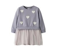 Minikleid NAME IT "NMFBIANJA SWEAT DRESS BRU", Mädchen, Gr. 110, N-Gr, lavender gray, angeraute Sweatware;Tüll, Obermaterial: 95% Baumwolle, 5% Elasthan, bestickt, unifarben, normal, Rundhals, Rippbün