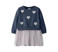 Minikleid NAME IT "NMFBIANJA SWEAT DRESS BRU", Mädchen, Gr. 98, N-Gr, navy blazer, angeraute Sweatware;Tüll, Obermaterial: 95% Baumwolle, 5% Elasthan, bestickt, unifarben, normal, Rundhals, Rippbündch