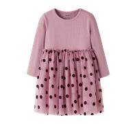 Minikleid NAME IT "NMFNAGINA LS TULLE DRESS", Mädchen, Gr. 128, N-Gr, lilas, Obermaterial: 65% Baumwolle, 33% Polyester, 2% Elasthan, bedruckt, regular fit kurz, Rundhals, Kleider Minikleid, Baumwollm
