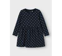 Minikleid NAME IT "NMFVIVIA LS DRESS NOOS", Mädchen, Gr. 104, N-Gr, blau (schwarz sapphire), Jersey, Obermaterial: 100% Baumwolle, gepunktet, normal knielang, Rundhals, Kleider Minikleid (88434053-104
