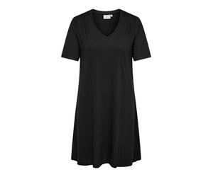 Minikleid ONLY CARMAKOMA "CARCORAL S/S V-NECK ABK DRESS JRS", Damen, Gr. M, N-Gr, schwarz, Web, Obermaterial: 65% Polyester, 35% Viskose, unifarben, regular fit mini, V-Ausschnitt, Kleider Minikleid (