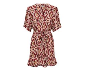 Minikleid ONLY "ONLANTONIA MIKASI S/S SHORT DRESS WVN", Damen, Gr. M, N-Gr, brick rot aop:abstract squares, Web, Obermaterial: 80% Viskose, 20% Nylon, bedruckt, kurz, V-Ausschnitt, Kleider Minikleid, 