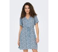 Minikleid ONLY "ONLEVIDA S/S SHORT DRESS WVN NOOS", Damen, Gr. L, N-Gr, blau (provincial blau aop:sadie flower), Web, Obermaterial: 100% Viskose, bedruckt, regular fit kurz, V-Ausschnitt, Kleider Mini