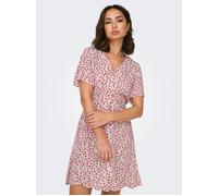 Minikleid ONLY "ONLEVIDA S/S SHORT DRESS WVN NOOS", Damen, Gr. L, N-Gr, cloud dancer aop:rot l. flower, Web, Obermaterial: 100% Viskose, bedruckt, regular fit kurz, V-Ausschnitt, Kleider Minikleid, Vi