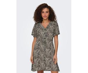Minikleid ONLY "ONLEVIDA S/S SHORT DRESS WVN NOOS", Damen, Gr. S (36), N-Gr, beige (pumice stone aop:alma heart leo), Web, Obermaterial: 100% Viskose, bedruckt, regular fit kurz, V-Ausschnitt, Kleider