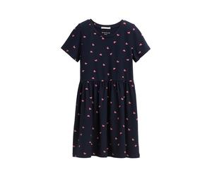 Minikleid TOM TAILOR, Mädchen, Gr. 104, N-Gr, blau (dunkelblau pink butterfly), Jersey, Obermaterial: 93% Viskose, 7% Elasthan, bedruckt, A-Linie mini, Rundhals, gerader Abschluss, Kleider Minikleid,