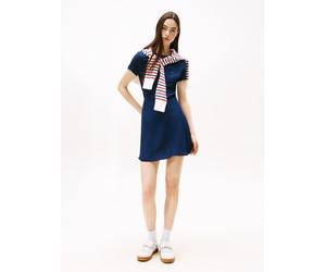 Minikleid TOMMY JEANS "TJW F&F SS MINI DRESS EXT", Damen, Gr. M (38), N-Gr, blau (schwarz night navy), Web, Obermaterial: 100% Viskose, unifarben, kurz, Rundhals, Kleider Minikleid, Viskose, Rundhals,
