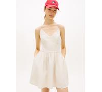 Minikleid TOMMY JEANS "TJW LINEN SKATER DRESS", Damen, Gr. XS (34), N-Gr, weiß clay, stripe, Web, Obermaterial: 55% Leinen, 45% Viskose, gestreift, slim fit kurz, V-Ausschnitt, Kleider Minikleid, in E