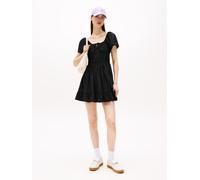 Minikleid TOMMY JEANS "TJW ROUCHE MINI POPLIN DRESS EXT", Damen, Gr. L (40), N-Gr, schwarz, Web, Obermaterial: 100% Baumwolle, unifarben, figurbetont kurz, eckiger Ausschnitt, Kleider Minikleid (54525