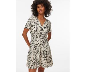Minikleid VERO MODA "VMKORA S/S SHORT DRESS WVN BTQ", Damen, Gr. M, N-Gr, beige (birch aop:kora), Web, Obermaterial: 100% Viskose, bedruckt, kurz, Kleider Minikleid, Viskose (30802734-M) birch aop:kor