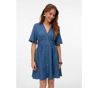 Minikleid VERO MODA "VMMELANEY 2/4 SHORT DRESS WVN NOOS", Damen, Gr. L, N-Gr, blau (schwarz denim detail:melange), Web, Obermaterial: 100% Polyester, meliert, kurz, V-Ausschnitt, Kleider Minikleid, So