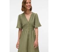 Minikleid VERO MODA "VMMELANEY 2/4 SHORT DRESS WVN NOOS", Damen, Gr. L, N-Gr, laurel wreath detail:melange, Web, Obermaterial: 100% Polyester, meliert, kurz, V-Ausschnitt, Kleider Minikleid, Sommerkle