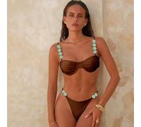 Minimalistischer glänzender Stoff-Draht Push-Up Bikini-Oberteil mit verstellbaren Trägern, Bindedetail hinten und Tanga-Bikinihose, 2-teiliges Set, Ur