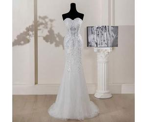 Minimalistisches weißes Meerjungfrau-Brautkleid, Off-Shoulder Silhouette, zarten Applikationen und Korsett mit Knochen, Langarm für Bräute