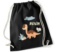 minimutz Geschenk Turnbeutel Dinosaurier - Personalisiert mit Namen - Kinder Stoffbeutel Rucksack zum Zuziehen - Sportbeutel zum Zuziehen - 12L - 37x46cm (schwarz)