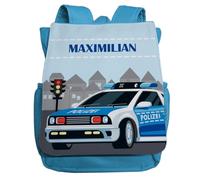 minimutz Kindergartenrucksack Jungen - Personalisiert mit Namen - Kinderrucksack Polizei Polizeitauto - Kleiner Freizeitrucksack Kita Kindergarten 2-5 Jahre (hellblau)