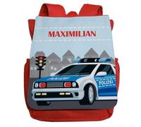 minimutz Kindergartenrucksack Jungen - Personalisiert mit Namen - Kinderrucksack Polizei Polizeitauto - Kleiner Freizeitrucksack Kita Kindergarten 2-5 Jahre (rot)
