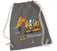 minimutz Turnbeutel Bagger Baustelle mit Namen personalisiert - Stoffbeutel Jungen Rucksack - Sportbeutel zum Zuziehen - 12L - 37x46cm (grau)