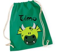 minimutz Turnbeutel Drache Kinder - Personalisiert mit Namen - Kinder Stoffbeutel Rucksack zum Zuziehen - Sportbeutel Baumwolle zum Zuziehen - 12L - 37x46cm (mittelgrün)