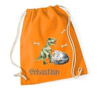 minimutz Turnbeutel Jungen Dino, Stoffbeutel Baumwolle mit Name, Rucksack Kordel zum Zuziehen, Sportbeutel Schule, Wechselwäschebeutel Kita Kindergarten T-Rex (orange)