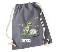 minimutz Turnbeutel Jungen Dino, Stoffbeutel Baumwolle mit Name, Rucksack Kordel zum Zuziehen, Sportbeutel Schule, Wechselwäschebeutel Kita Kindergarten T-Rex (grau)