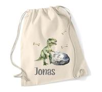 minimutz Turnbeutel Jungen Dino, Stoffbeutel Baumwolle mit Name, Rucksack Kordel zum Zuziehen, Sportbeutel Schule, Wechselwäschebeutel Kita Kindergarten T-Rex (natur)
